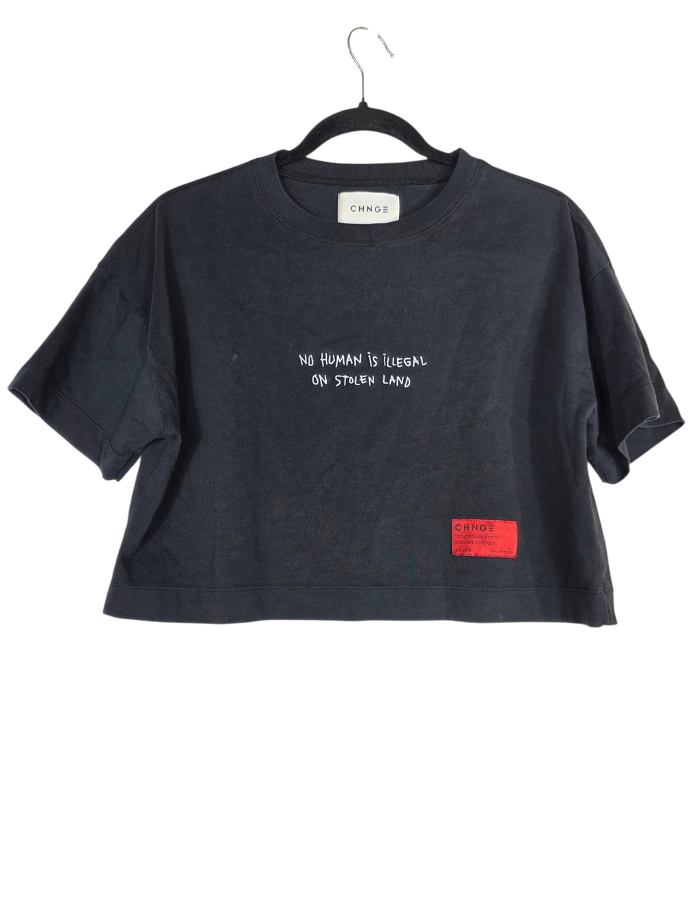CHNGE Organic Cotton  Black Cropped Tee with White Slogan and Red Patch
